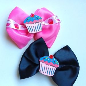 Handmade hair bows hair accessories cupcakes pink & black kids hair clips qty 2